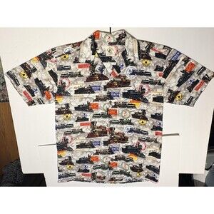 Max Boxxer, Men's Button Down, Train Print, Short Sleeve, Size Large.
